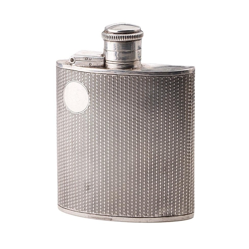 134 - Hallmarked silver hip flask with engineered decoration and vacant cartouche, 78.7 grams, 'Cambridge ... 