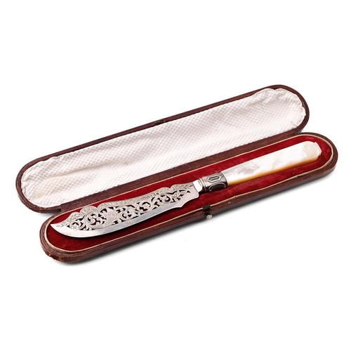 145 - Victorian cased silver and Mother of Pearl ornate knife, Birmingham 1852, 23cm long.