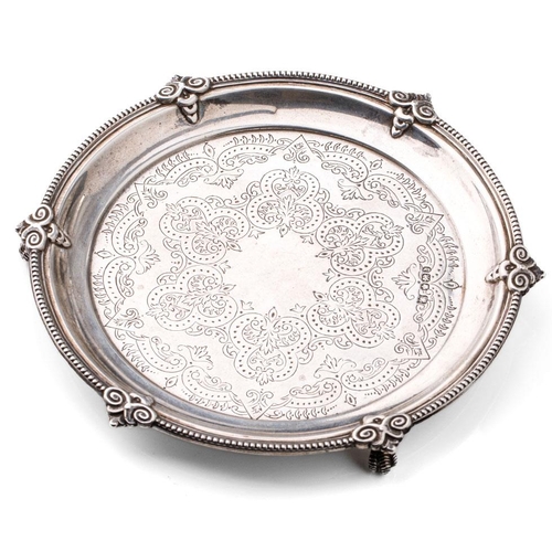 151 - Silver salver raised on 3 ball and claw feet with engraved decoration, Sheffield 1896, 159.0 grams, ... 