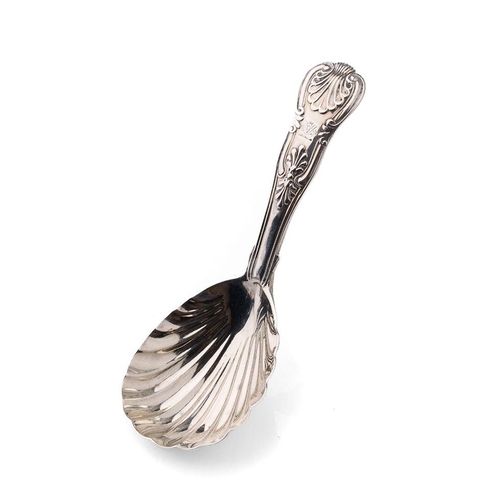 155 - Georgian silver caddy spoon with shell shaped bowl, London 1827, 31.1 grams, 11cm long.