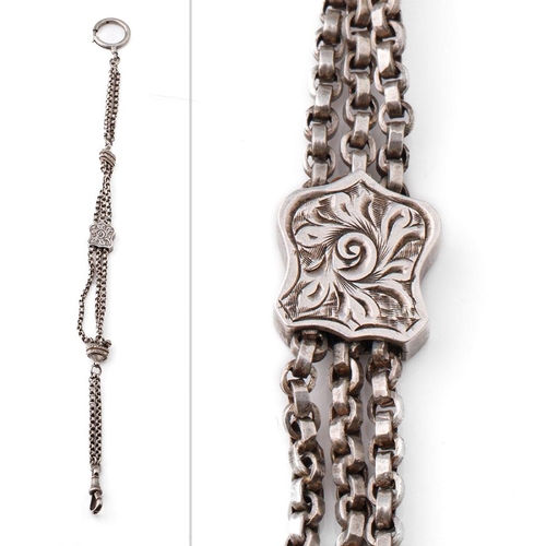 226 - Silver Albertina watch chain with engraved slider, unmarked, 25cm long.