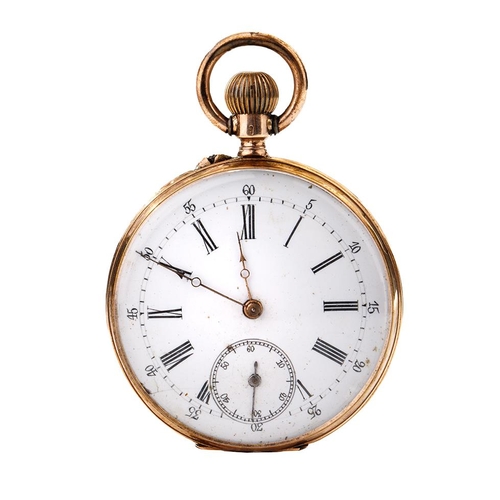 232 - 14ct gold cased (stamped 14k) open face pocket watch with Roman Numerals and white enamel dial,  'Re... 