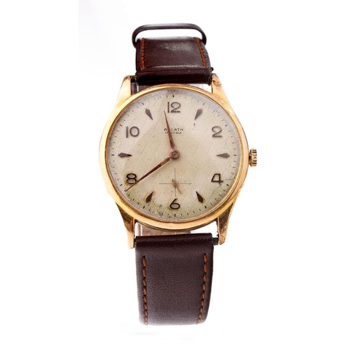 237 - Ardath 18ct gold cased gentlemans wristwatch, 34mm, in working order, on leather strap, marked to re... 