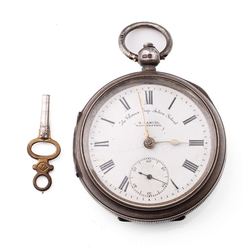 245 - Silver pocket watch, Chester 1904, H Samuel Manchester, 'The Climax Trip Action Patent', with key.