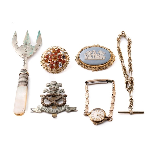 249 - A collection of items to include a plated Albertina  watch chain, a Wedgwood brooch, rolled gold wat... 