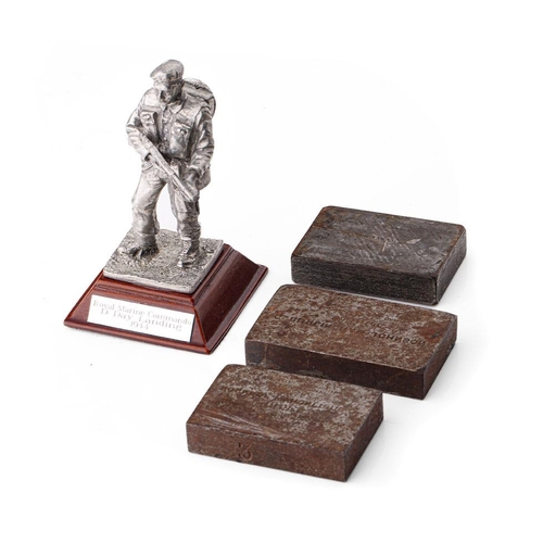 251 - Royal Hampshire D-Day Landings figure together with 3 vintage steel printing blocks, 10cm tall (4).