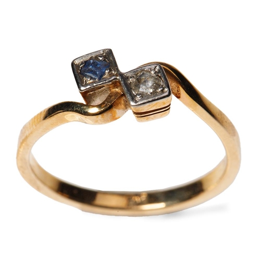 295 - 9ct gold sapphire and rose cut diamond crossover ring, size N, 2.1 grams, stamped '9ct' and tests as... 