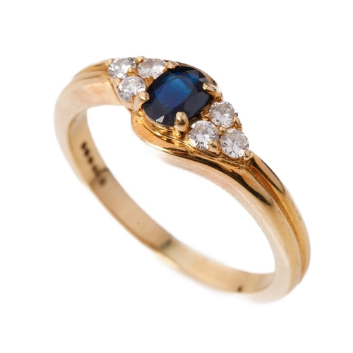 296 - 18ct gold sapphire and 6 stone diamond ring, 4.2 grams, size  P, full hallmarks.