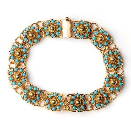 304 - Antique 9ct gold 12 section bracelet, each set with 8 turquoise stones with gold centre, 15.8 grams,... 