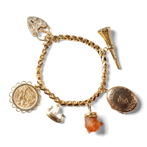 306 - 9ct gold tulip-style charm bracelet with padlock fasten, Birmingham 1967, with charms to include 189... 