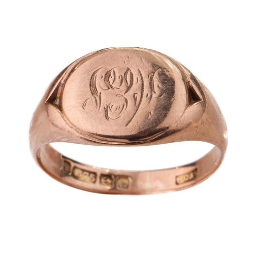 322 - 9ct rose gold gents signet ring, 5.3, with engraving, size T.