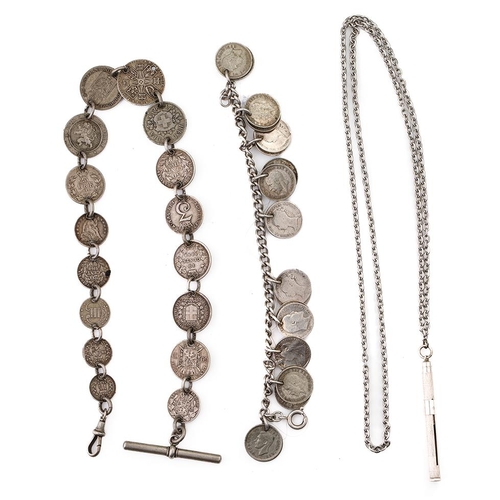 328 - A trio of silver / white metal jewellery items to include a threepenny bit bracelet, a foreign coina... 