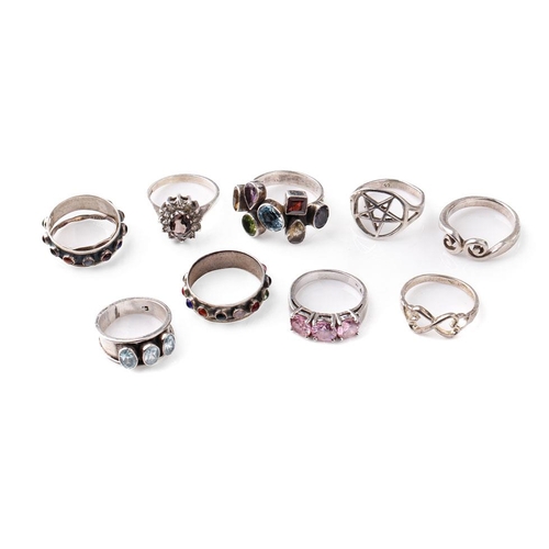 372 - A good collection of silver rings, set with various stones in multiple styles and sizes, 32.1 grams ... 