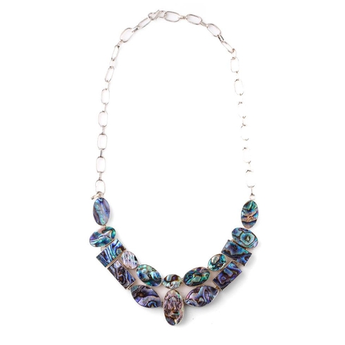 378 - A chunky silver ladies necklace set with abalone panels, 14cm wide.