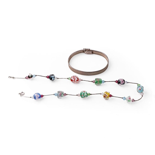 379 - A silver ladies bracelet together with silver and white meal murano-style glass beads necklace, 43cm... 