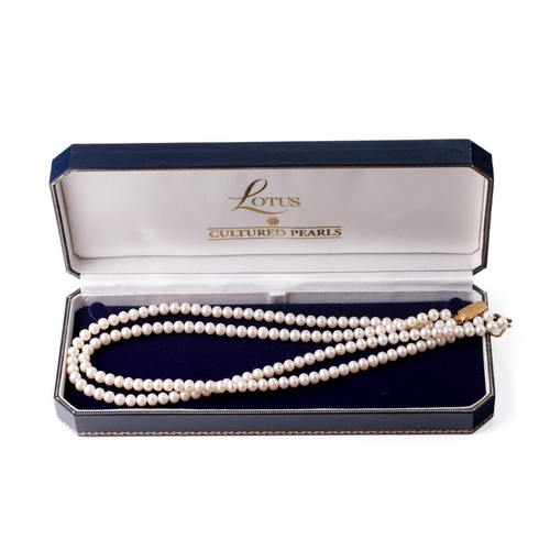 407 - Lotus cultured pearl double strand necklace with 9ct gold clasp, 42cm long, in original box.