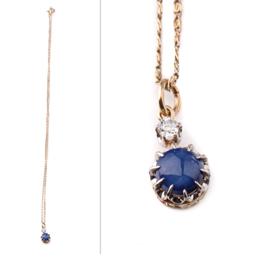 410 - 18ct gold chain and pendant set with a sapphire and a diamond, 2.9 grams, chain 42cm long.