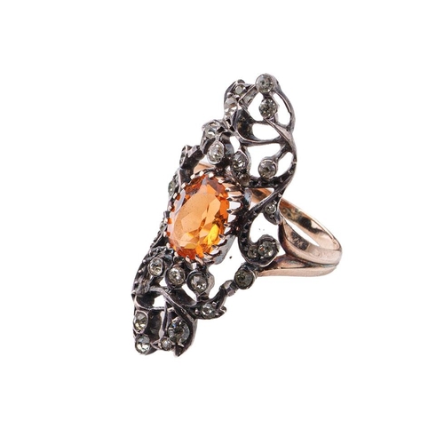 415 - Georgian gold and silver ladies ring set with an orange and clear stones, 5.3 grams, size P.