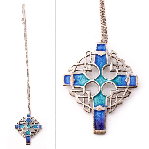 419 - Silver chain set with silver and enamel cross pendant, pendant 45mm long.