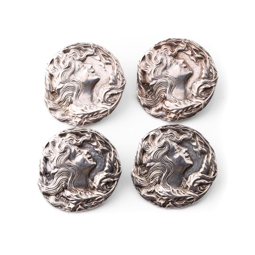 446 - A set of 4 silver Art Nouveau silver buttons with a maiden's head, Birmingham 1902, 13 grams (4).