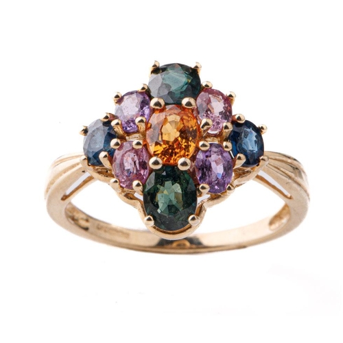 454 - 9ct gold multi gemstone ring, 3.5 grams, size P/Q.