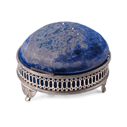 51 - Silver plated jewellery casket with velvet pin cushion to the top, 10cm diameter.