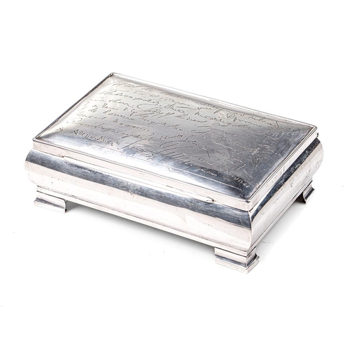 55A - Large white metal presentation cigarette box with engraved signatures to lift up lid, of European or... 