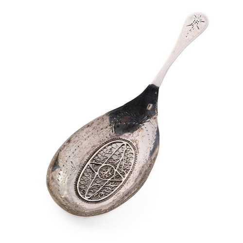 63 - German silver .800 caddy spoon with filigree-design bowl, stamped with marks dating prior to 1886, 9... 