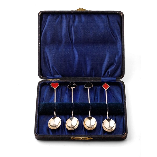 85 - A set of 4 hallmarked silver tea spoons, handles decorated with enamelled card suits, Birmingham 192... 