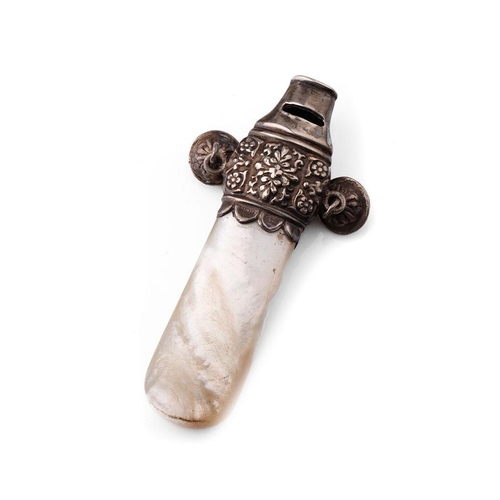 91 - Hallmarked silver baby rattle and whistle with Mother of Pearl handle.