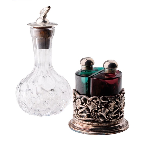 95 - Silver topped scent bottle with fish finial, Birmingham 1978, together with a silver plated set.