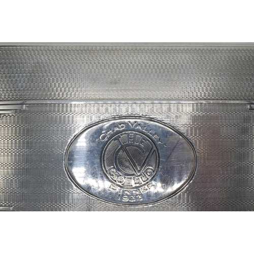 106 - Silver cigarette box with engineered decoration and crest 'The Chad Valley Co Ltd Dinner 1933', 12.5... 