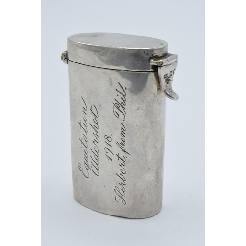 110 - Large silver World War One vesta case, 54.8 grams, 'Equitation Aldershot 1918, Herbert from Phil.', ... 