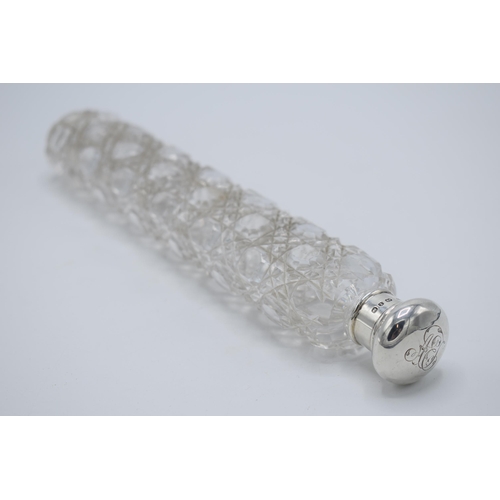 120 - Large Victorian silver and cut glass perfume bottle, 25cm long, Birmingham 1897.