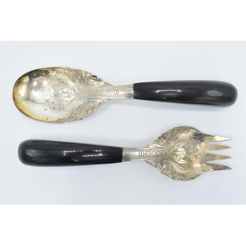 124 - A pair of early to mid 20th century lower grade silver salad servers with ebonised wooden handles, M... 