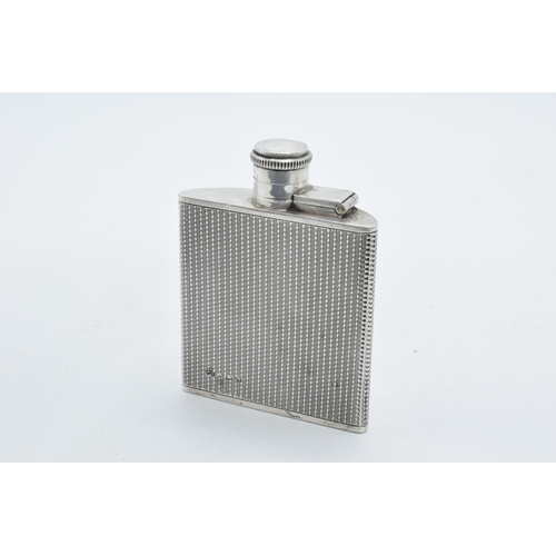 134 - Hallmarked silver hip flask with engineered decoration and vacant cartouche, 78.7 grams, 'Cambridge ... 