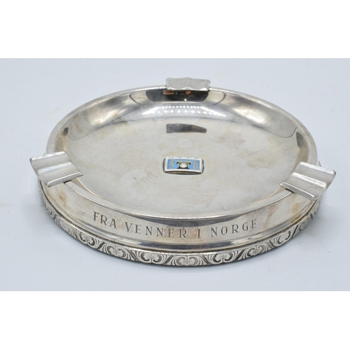 135 - Silver 830s large ashtray, 'Fra Venner I Norge' andd 'NTTF' logo to centre, 13.5cm diameter.