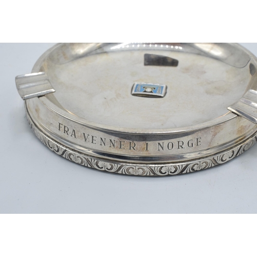 135 - Silver 830s large ashtray, 'Fra Venner I Norge' andd 'NTTF' logo to centre, 13.5cm diameter.