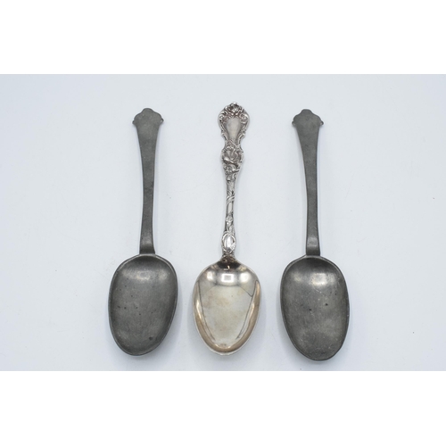 140 - A pair of antique pewter serving spoons together with a silver plated example (3).