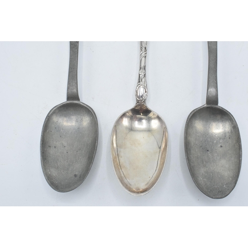 140 - A pair of antique pewter serving spoons together with a silver plated example (3).