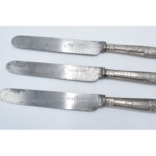 143 - A set of 3 silver handled knives, 'William Sansom & Co', 21cm long.