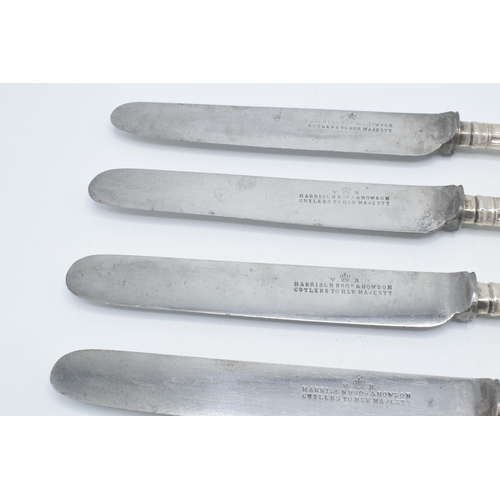 144 - A set of 6 silver handled knives, 'Harrison Bros & Howson', 23cm long, hallmarks rubbed (6).