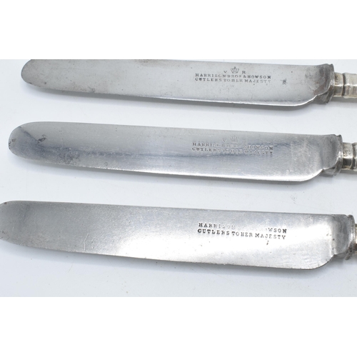 144 - A set of 6 silver handled knives, 'Harrison Bros & Howson', 23cm long, hallmarks rubbed (6).