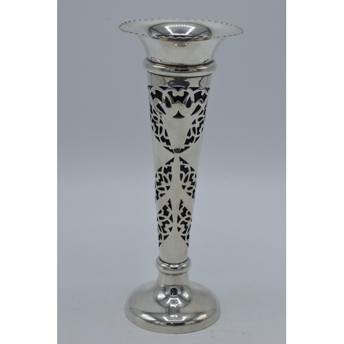 159 - Silver bud vase with pierced decoration and blue glass liner, Birmingham 1903, A. Clark, 19.5cm tall... 