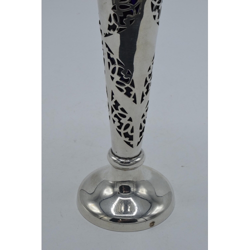 159 - Silver bud vase with pierced decoration and blue glass liner, Birmingham 1903, A. Clark, 19.5cm tall... 