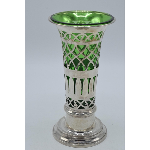 160 - Silver vase with ornate decoration and green glass liner, London 1899, Goldsmiths and Silversmiths, ... 