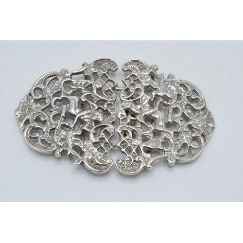 168 - Silver ornate belt buckle, London 1979, 59.2 grams, 9cm wide.