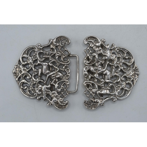 168 - Silver ornate belt buckle, London 1979, 59.2 grams, 9cm wide.