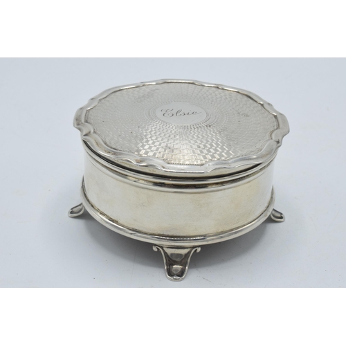 174 - Silver jewellery trinket box with engineered decoration and 'Elsie' to the top, raised on 4 legs, Bi... 