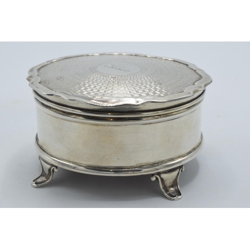 174 - Silver jewellery trinket box with engineered decoration and 'Elsie' to the top, raised on 4 legs, Bi... 